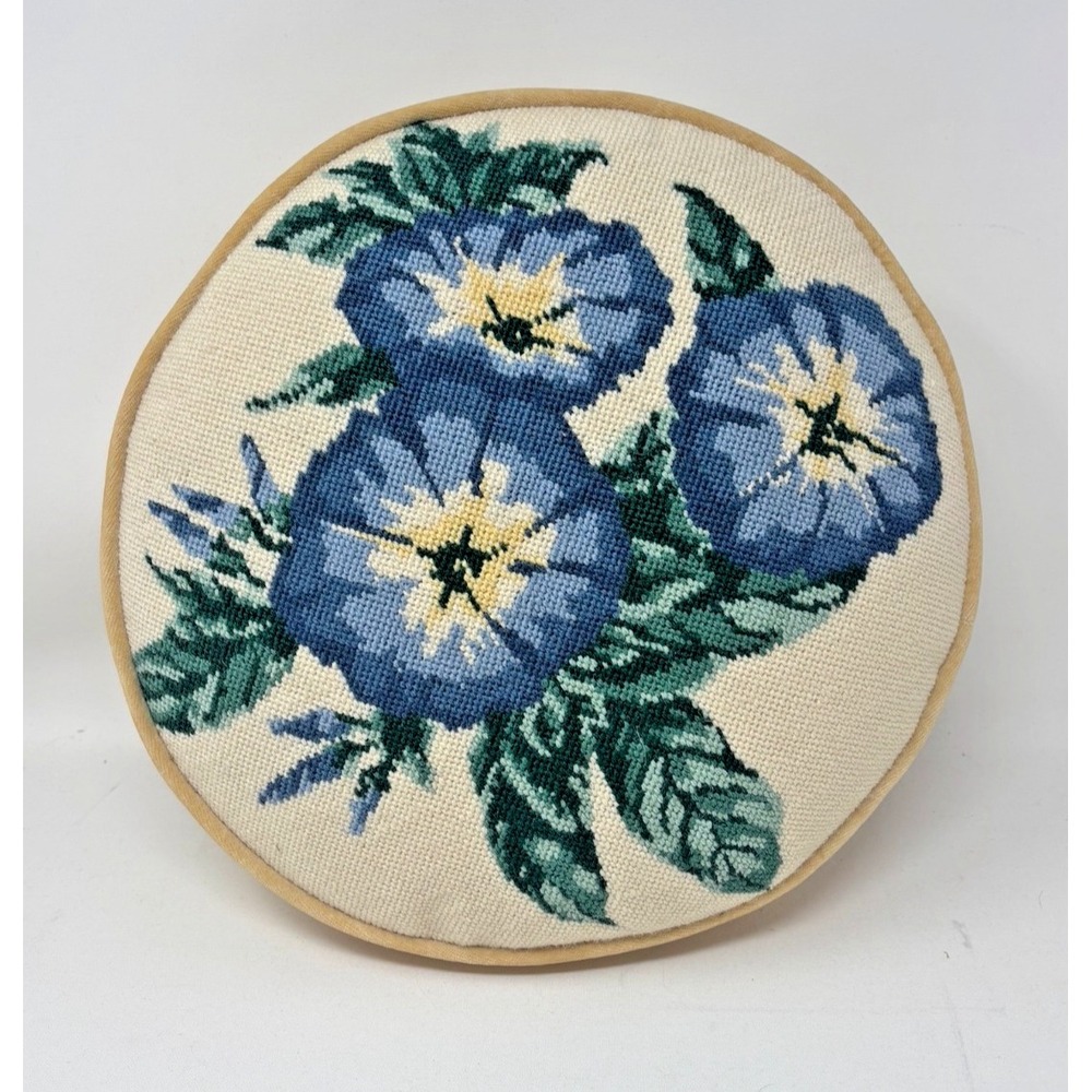 Morning Glory Needlepoint Pillow Beige Floral Print Comfort Round Knitted